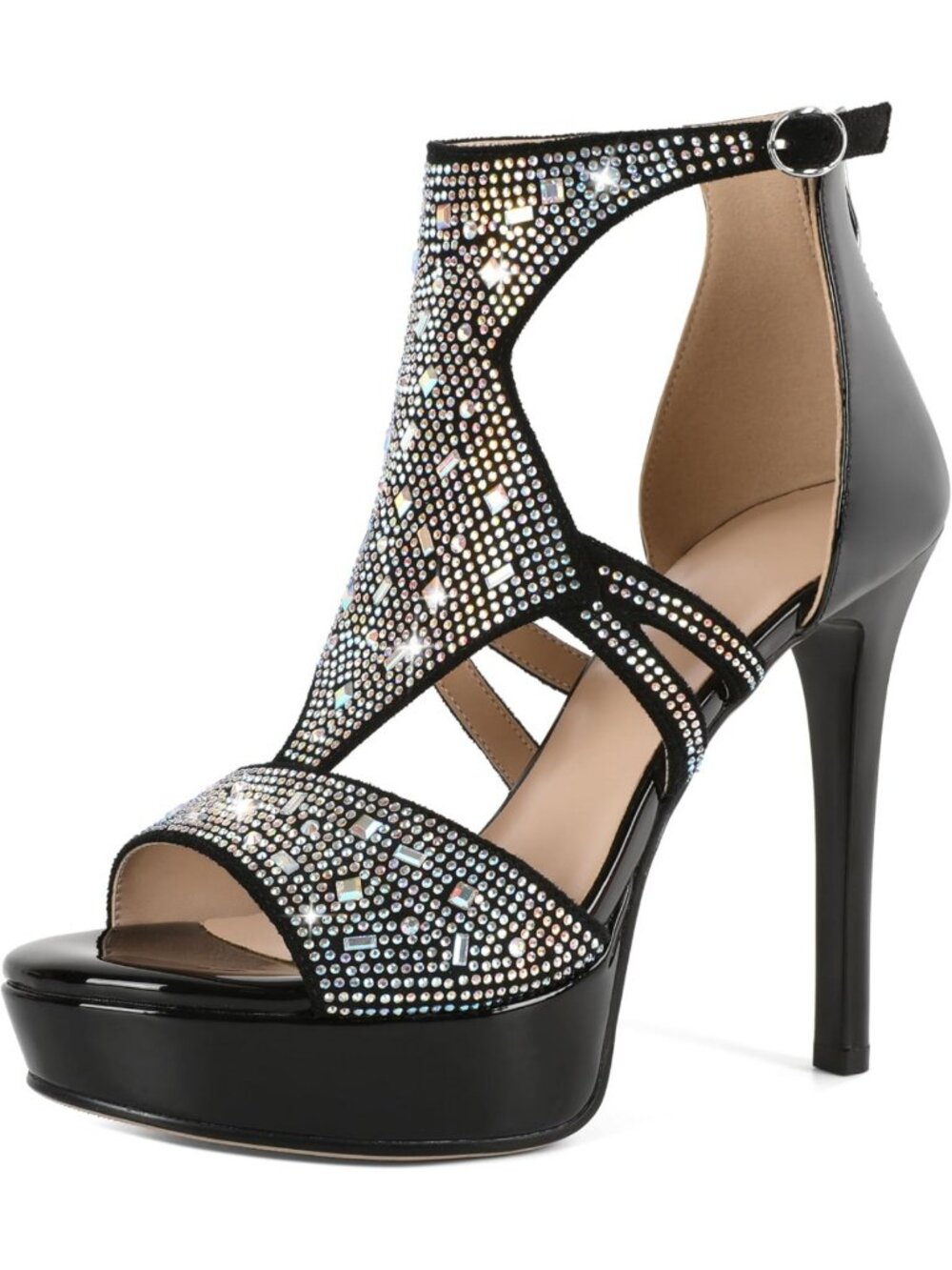 Strappy Open Toe High Heeled Sandals with Rhinestones - Platform Gladiator Pumps